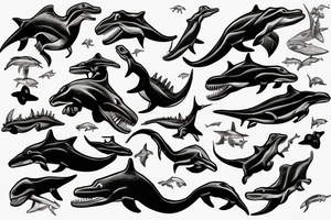 dinosaur holding AK-47 swimming on a dolphin tattoo idea