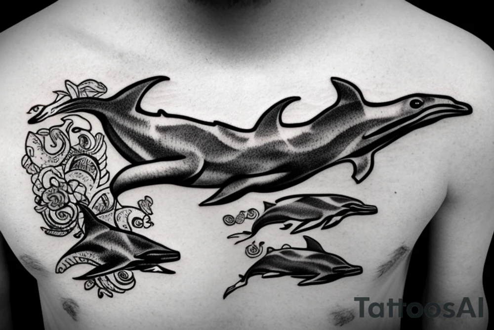 dinosaur holding AK-47 swimming on a dolphin tattoo idea