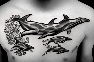 dinosaur holding AK-47 swimming on a dolphin tattoo idea
