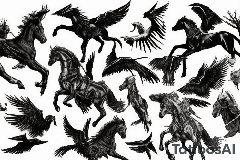 Valkyries on battle horses surrounded by ravens tattoo idea