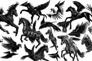 Valkyries on battle horses surrounded by ravens tattoo idea