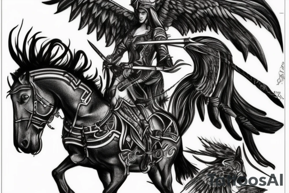 Valkyries on battle horses surrounded by ravens tattoo idea