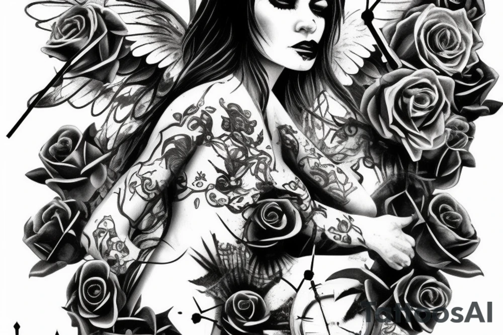 Angel of death with a broken clock surrounded by black roses tattoo idea