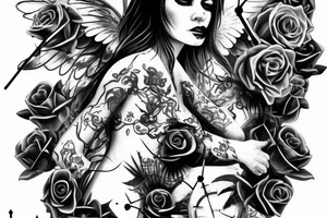 Angel of death with a broken clock surrounded by black roses tattoo idea