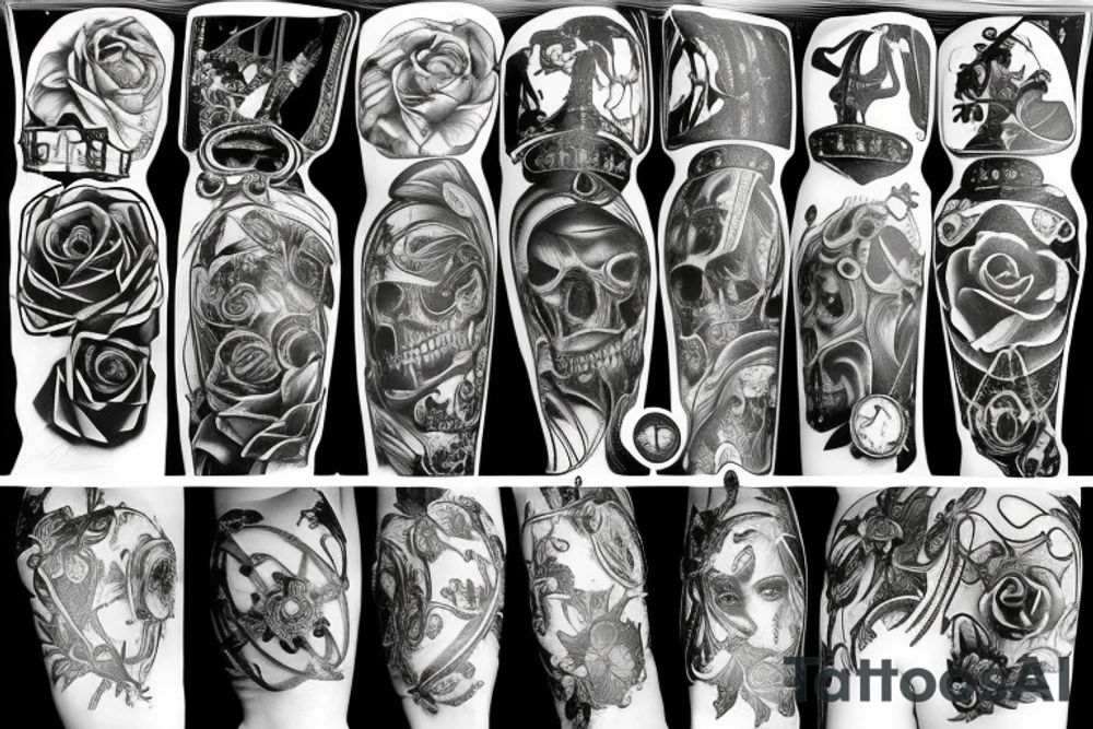 Angel of death with a broken clock surrounded by black roses tattoo idea