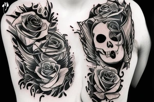 Angel of death with a broken clock surrounded by black roses tattoo idea