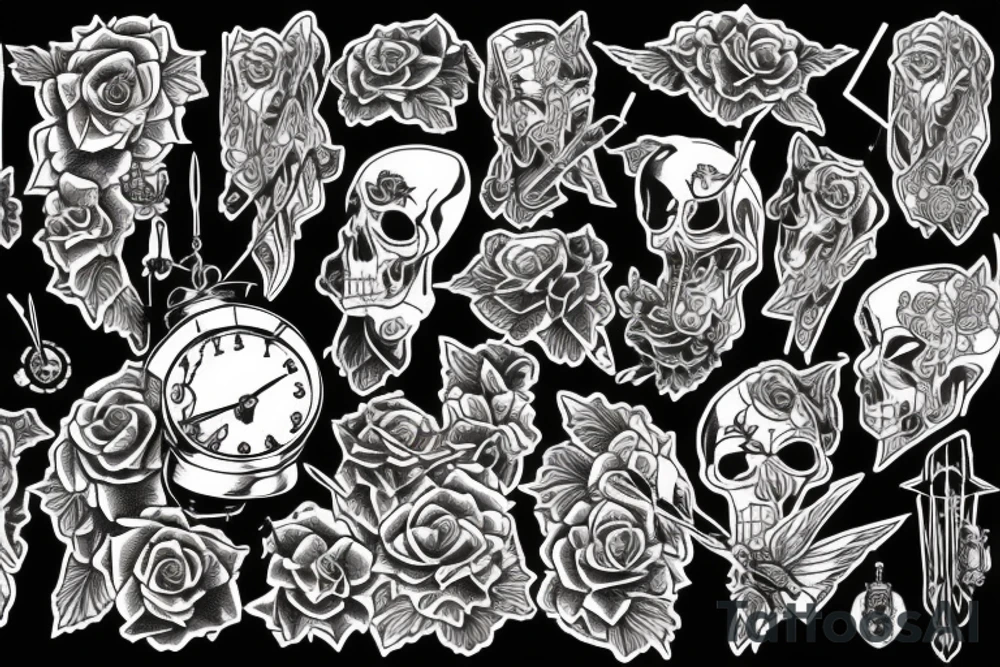 Angel of death with a broken clock surrounded by black roses tattoo idea