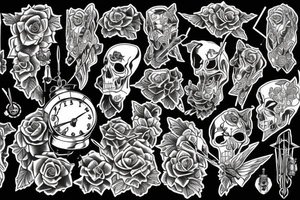 Angel of death with a broken clock surrounded by black roses tattoo idea