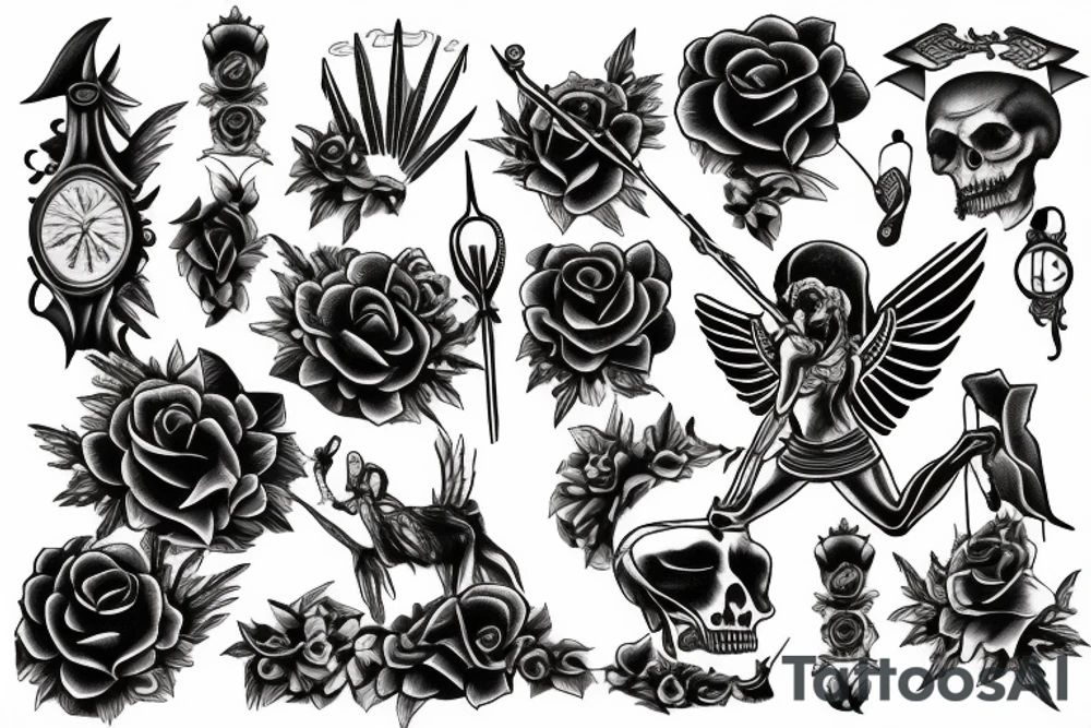 Angel of death with a broken clock surrounded by black roses tattoo idea