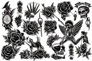 Angel of death with a broken clock surrounded by black roses tattoo idea