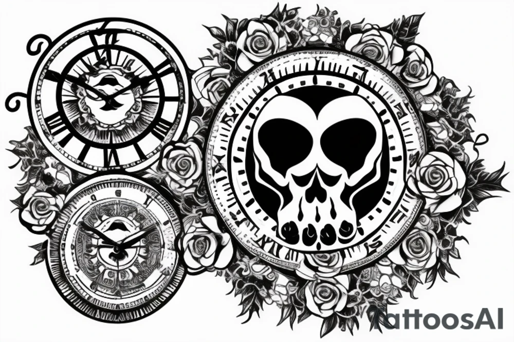 Skull with a clock in the eye surrounded by roses tattoo idea