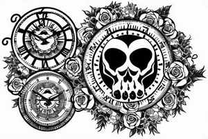 Skull with a clock in the eye surrounded by roses tattoo idea