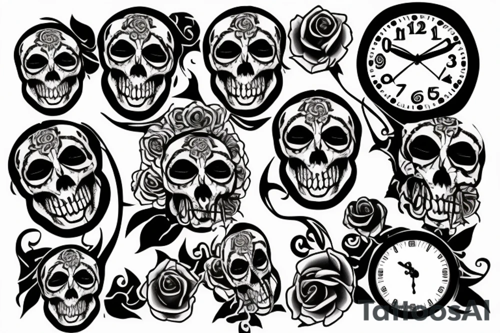 Skull with a clock in the eye surrounded by roses tattoo idea