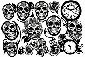 Skull with a clock in the eye surrounded by roses tattoo idea