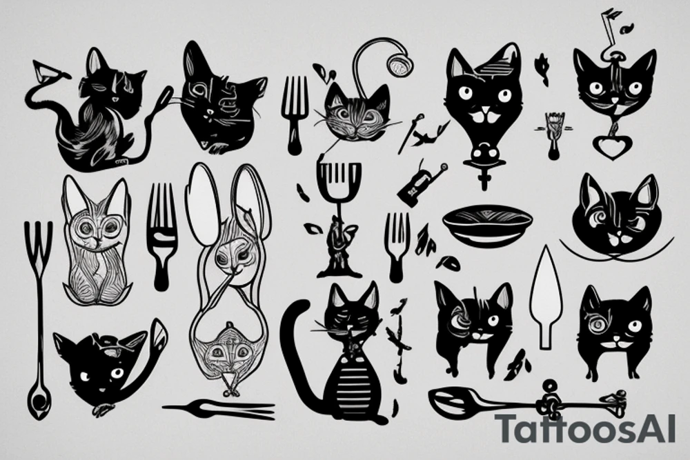 grey cat and fork tattoo idea