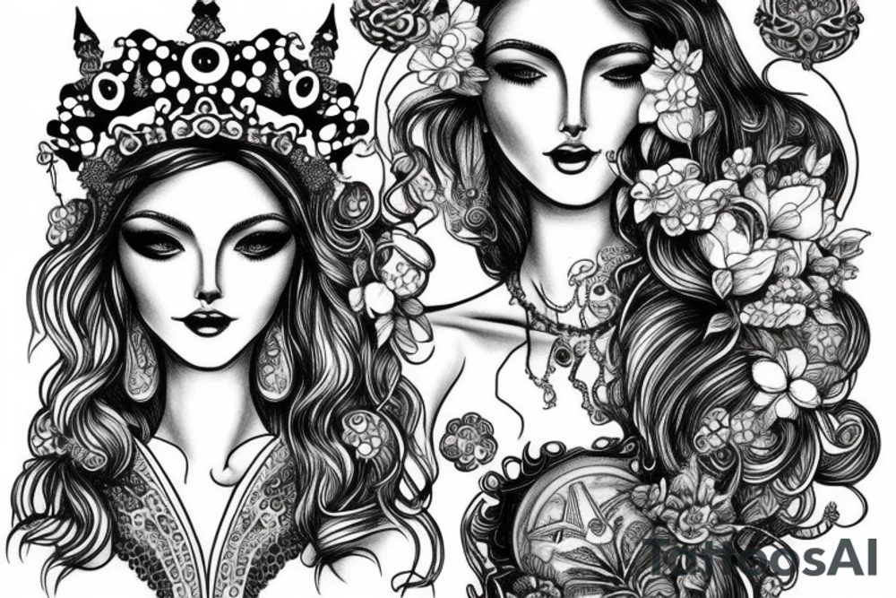 Illustrative goddess with crown tattoo idea