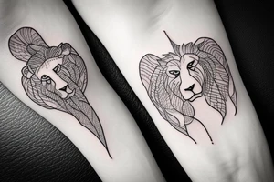 A simple line tattoo of a vine, lion and a swan tattoo idea