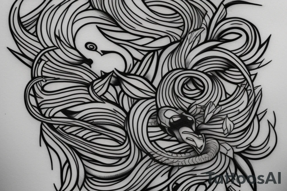A simple line tattoo of a vine, lion and a swan tattoo idea