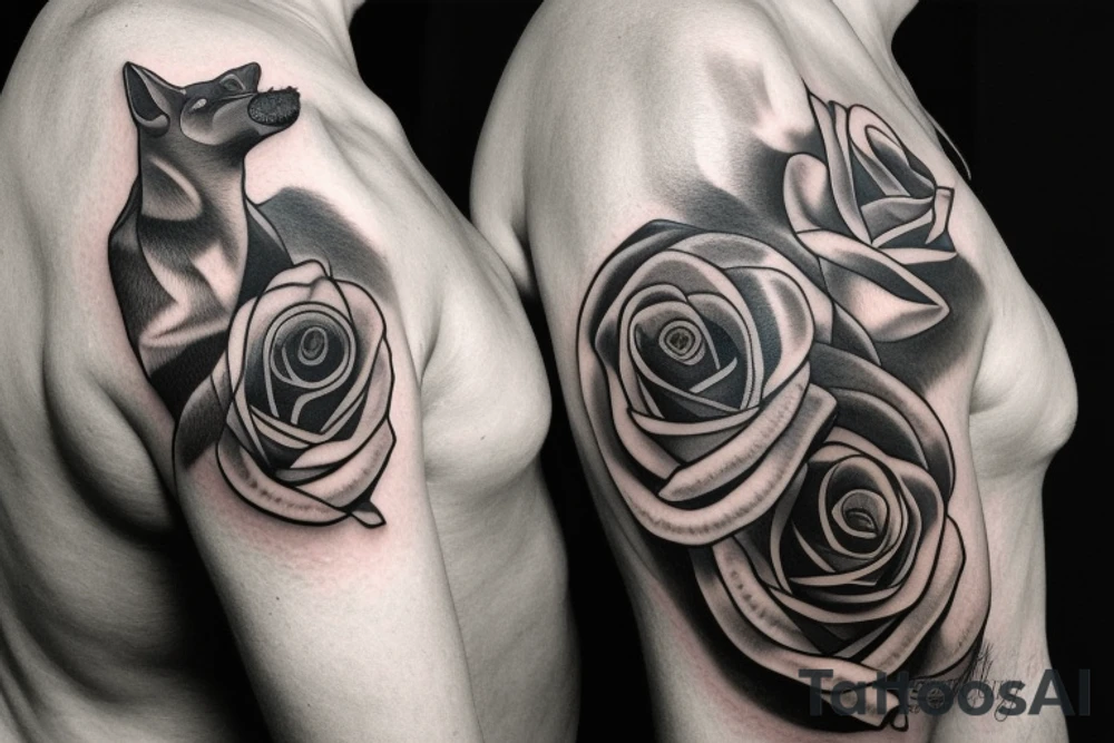 roses with wolves, black and grey, realism. on a male with big mussles, half sleeve tattoo idea roses with wolves, black and grey, realism. on a male with big mussles, half sleeve tattoo idea