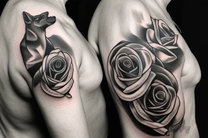 roses with wolves, black and grey, realism. on a male with big mussles, half sleeve tattoo idea