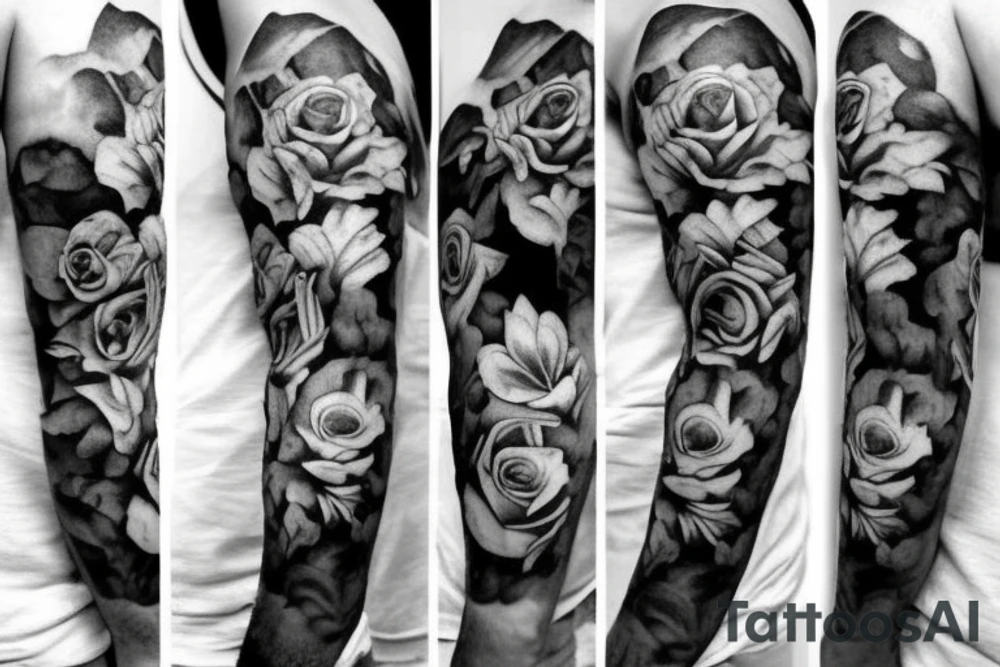 roses with wolves, black and grey, realism. on a male with big mussles, half sleeve tattoo idea