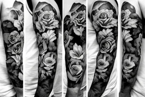 roses with wolves, black and grey, realism. on a male with big mussles, half sleeve tattoo idea
