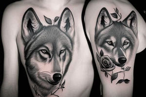 roses with wolves, black and grey, realism. on a male with big mussles, half sleeve. less realistic, add a bit traditional tattoo idea