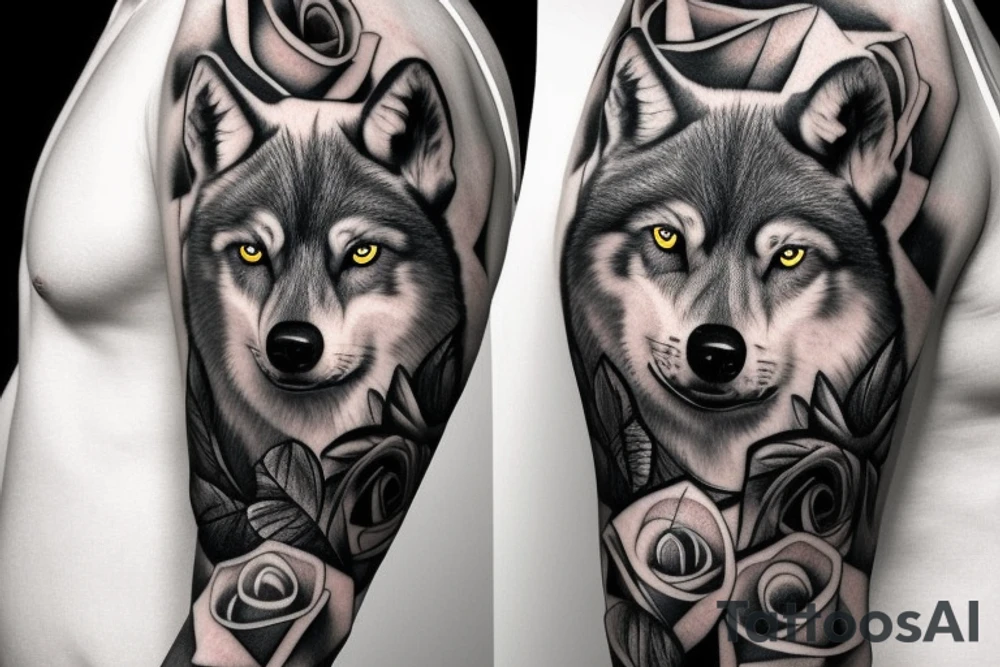 roses with wolves, black and grey, realism. on a male with big mussles, half sleeve. less realistic, add a bit traditional tattoo idea