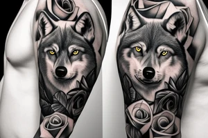 roses with wolves, black and grey, realism. on a male with big mussles, half sleeve. less realistic, add a bit traditional tattoo idea
