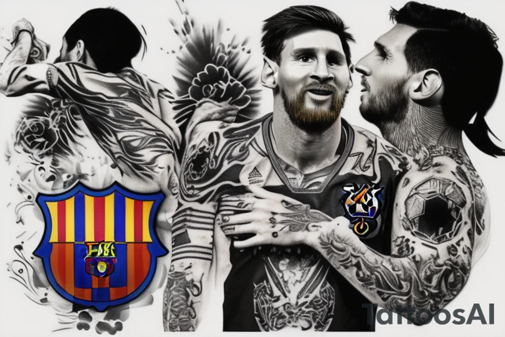 A design which includes fc barcelona and messi tattoo idea
