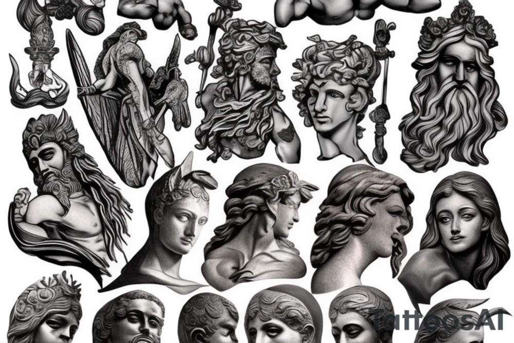 greek gods, ancient, statues, tattoo idea