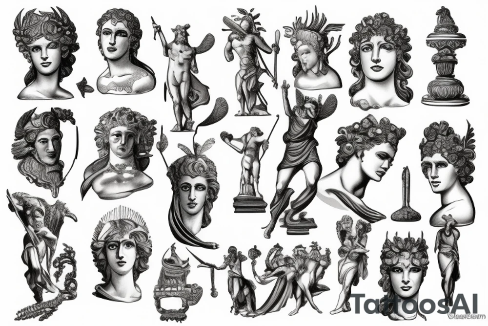 greek gods, ancient, statues, tattoo idea