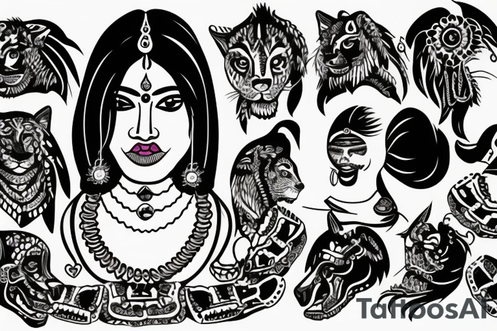 An Indian woman looking out of a jaguar head and wearing a wide heavy collar tattoo idea