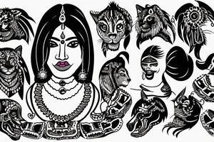An Indian woman looking out of a jaguar head and wearing a wide heavy collar tattoo idea