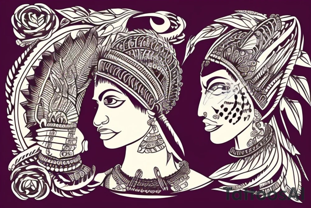 An Indian woman looking out of a jaguar head and wearing a wide heavy collar tattoo idea