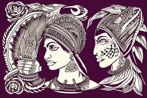 An Indian woman looking out of a jaguar head and wearing a wide heavy collar tattoo idea