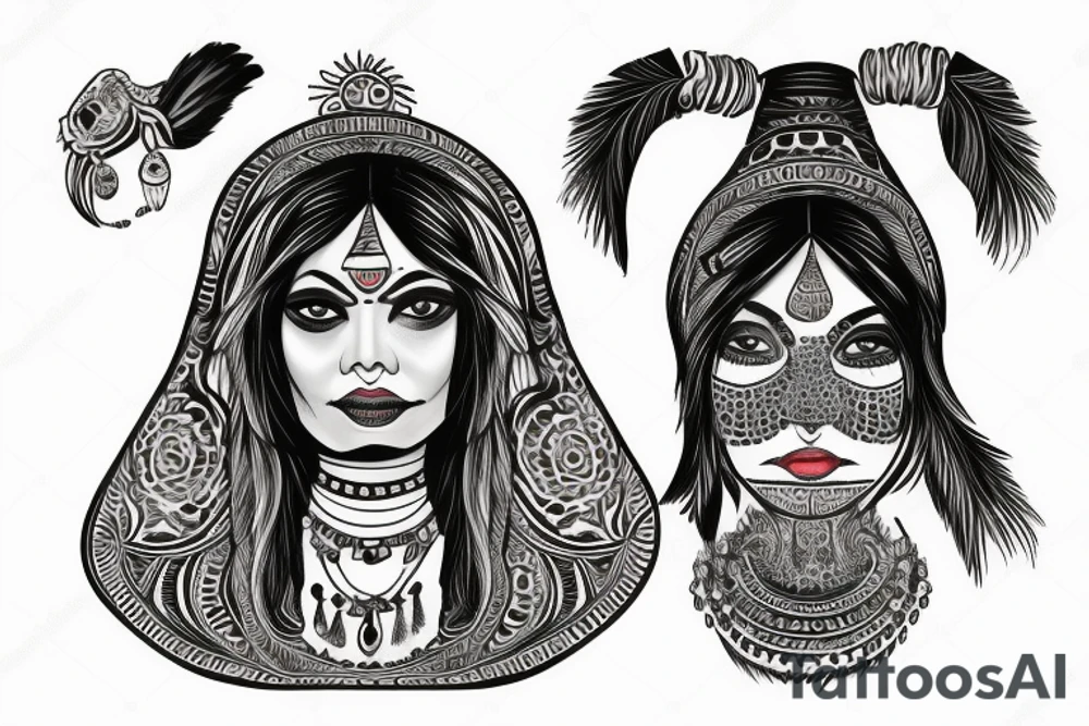 An Indian woman looking out of a jaguar head and wearing a wide heavy slave collar tattoo idea