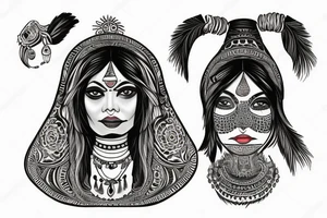 An Indian woman looking out of a jaguar head and wearing a wide heavy slave collar tattoo idea