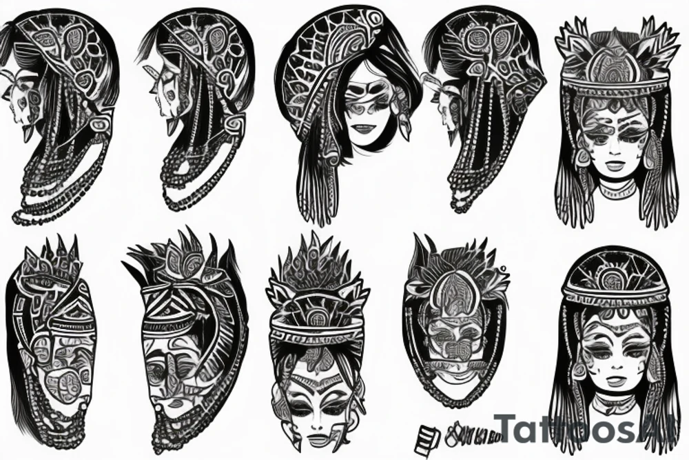 An Indian woman looking out of a jaguar head and wearing a wide heavy slave collar tattoo idea