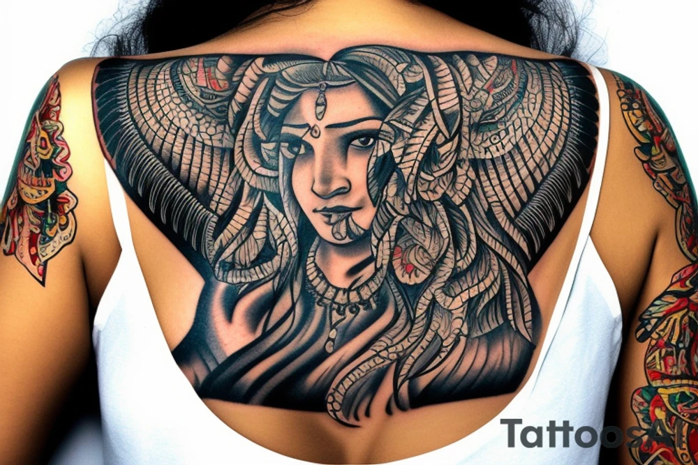 An Indian woman looking out of a jaguar head and wearing a wide heavy slave collar tattoo idea