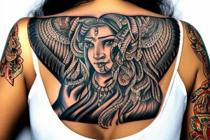 An Indian woman looking out of a jaguar head and wearing a wide heavy slave collar tattoo idea