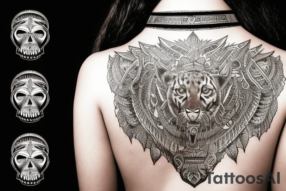 An Indian woman looking out of a jaguar head and wearing a wide heavy slave collar tattoo idea