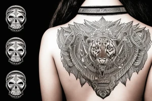 An Indian woman looking out of a jaguar head and wearing a wide heavy slave collar tattoo idea