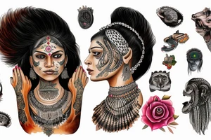 An Indian woman looking out of a jaguar head and wearing a wide heavy slave collar tattoo idea
