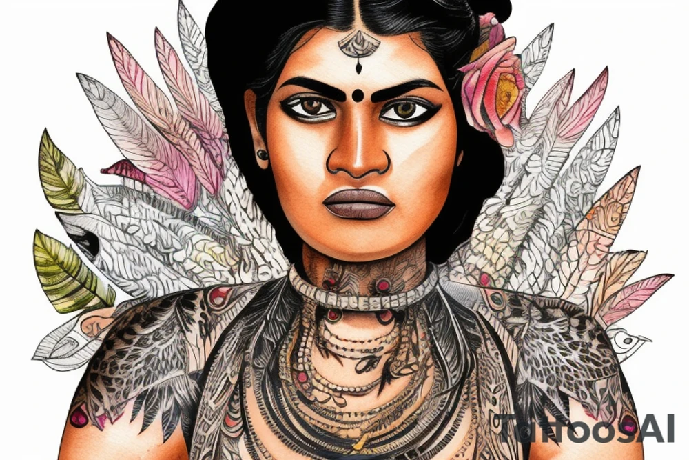 An Indian woman looking out of a jaguar head and wearing a wide heavy slave collar tattoo idea