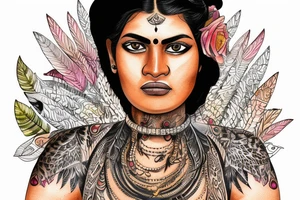 An Indian woman looking out of a jaguar head and wearing a wide heavy slave collar tattoo idea
