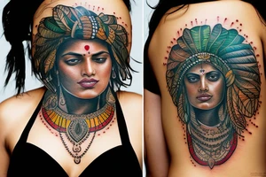 An Indian woman looking out of a jaguar head and wearing a wide heavy slave collar tattoo idea