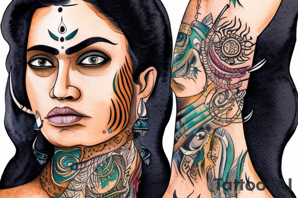 An Indian woman looking out of a jaguar head and wearing a wide heavy slave collar tattoo idea