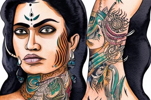 An Indian woman looking out of a jaguar head and wearing a wide heavy slave collar tattoo idea