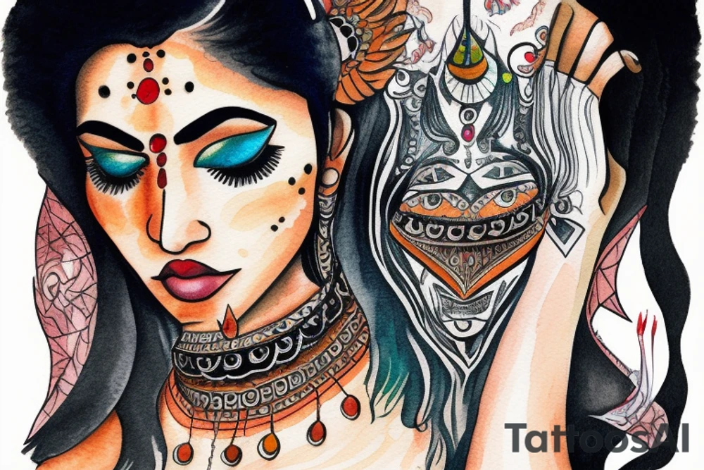 An Indian woman looking out of a jaguar head and wearing a wide heavy slave collar with an huge nose ring tattoo idea